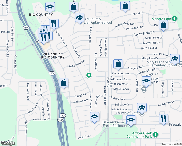 map of restaurants, bars, coffee shops, grocery stores, and more near 11338 Hatchet Pass Drive in San Antonio
