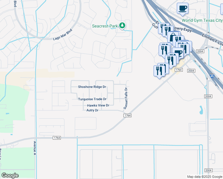 map of restaurants, bars, coffee shops, grocery stores, and more near 129 Mustang Stampede Drive in La Marque