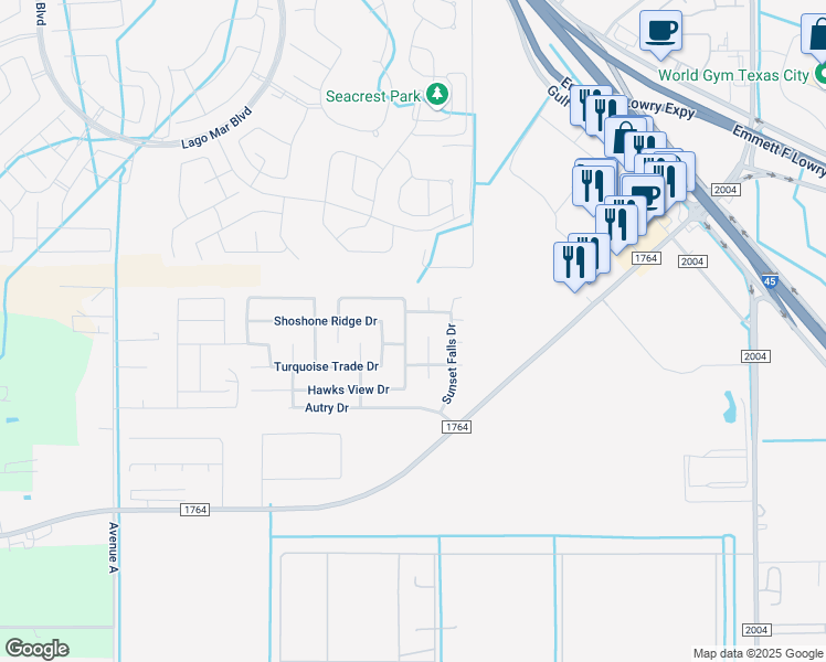 map of restaurants, bars, coffee shops, grocery stores, and more near 128 Mustang Stampede Drive in La Marque