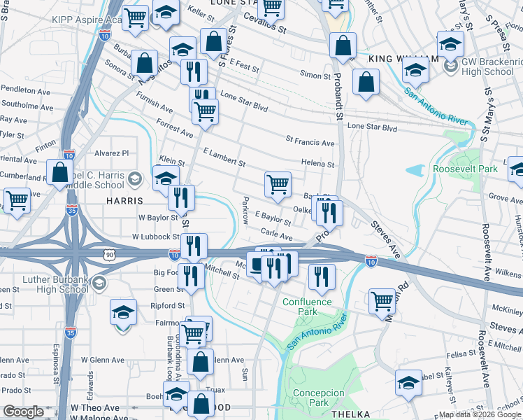 map of restaurants, bars, coffee shops, grocery stores, and more near 207 East Baylor in San Antonio