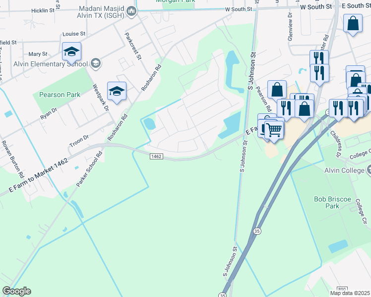 map of restaurants, bars, coffee shops, grocery stores, and more near 1222 Steed Bluff Drive in Alvin