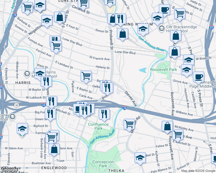map of restaurants, bars, coffee shops, grocery stores, and more near 275 Oelkers in San Antonio