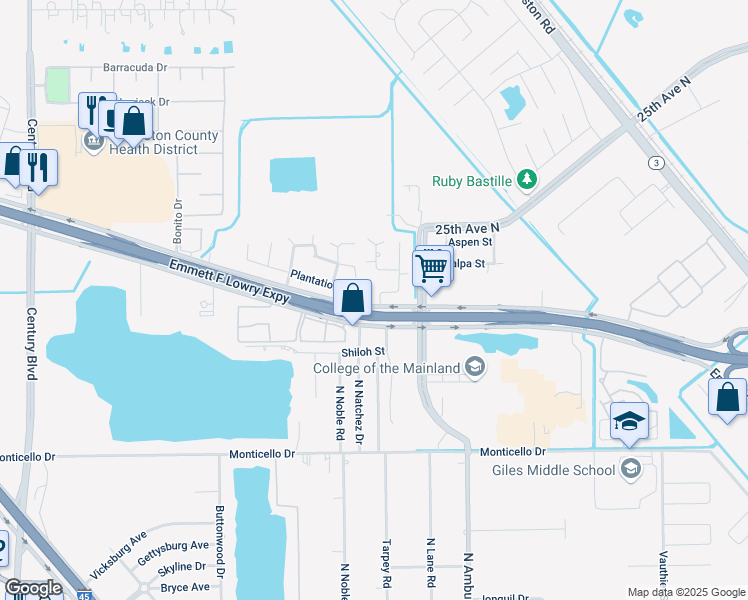 map of restaurants, bars, coffee shops, grocery stores, and more near 1601 Crestwood Court in Texas City