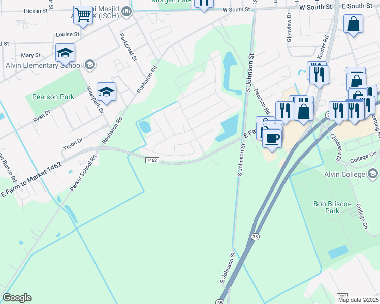 map of restaurants, bars, coffee shops, grocery stores, and more near 1222 Steed Bluff Drive in Alvin