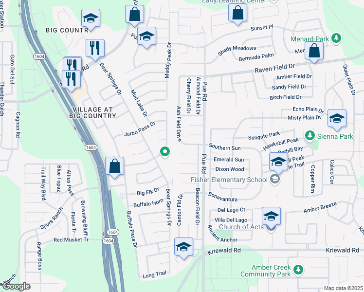 map of restaurants, bars, coffee shops, grocery stores, and more near 2961 Ash Field Drive in San Antonio