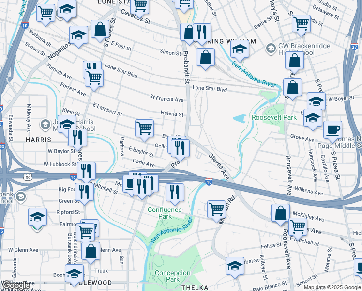 map of restaurants, bars, coffee shops, grocery stores, and more near 275 Oelkers in San Antonio
