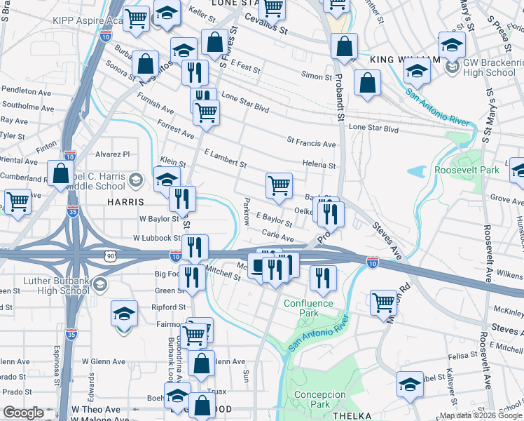map of restaurants, bars, coffee shops, grocery stores, and more near 207 East Baylor in San Antonio