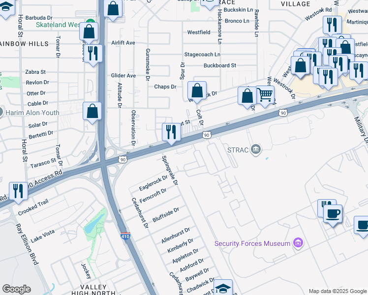map of restaurants, bars, coffee shops, grocery stores, and more near 7678 West US Highway 90 in San Antonio