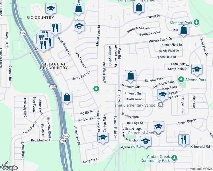 map of restaurants, bars, coffee shops, grocery stores, and more near 2961 Ash Field Drive in San Antonio