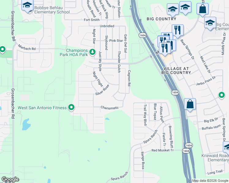 map of restaurants, bars, coffee shops, grocery stores, and more near 3103 Thunder Gulch in San Antonio