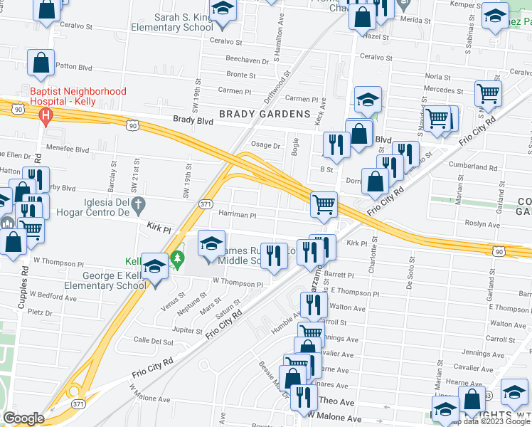 map of restaurants, bars, coffee shops, grocery stores, and more near 815 Harriman Place in San Antonio
