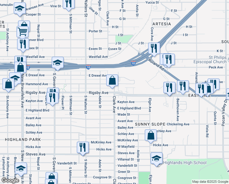 map of restaurants, bars, coffee shops, grocery stores, and more near Rigsby Avenue & Clark Avenue in San Antonio