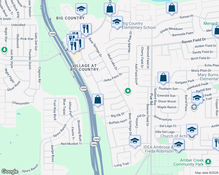 map of restaurants, bars, coffee shops, grocery stores, and more near 11424 Pine Mesa Drive in San Antonio