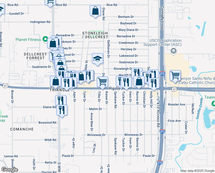 map of restaurants, bars, coffee shops, grocery stores, and more near 4741 Rigsby Avenue in San Antonio