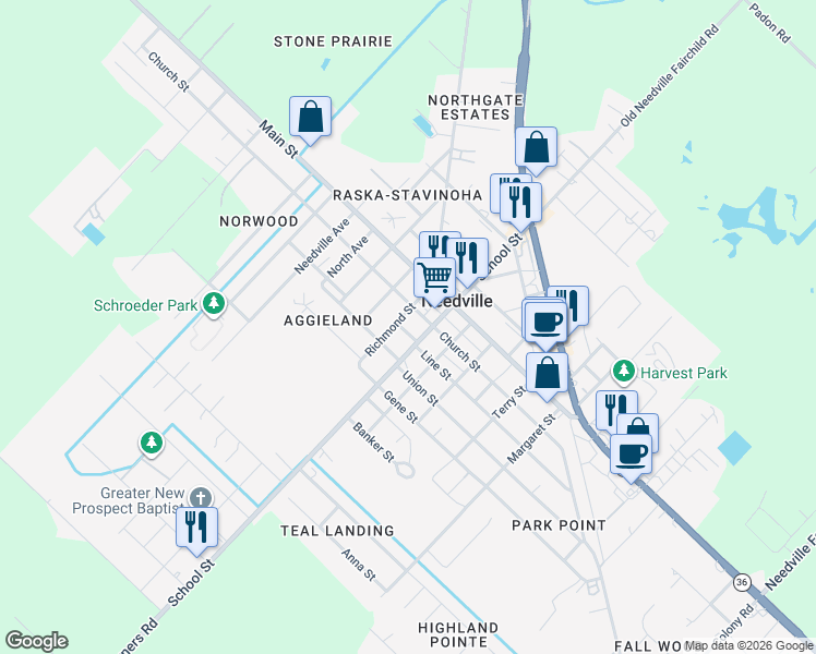 map of restaurants, bars, coffee shops, grocery stores, and more near 8903 Line Street in Needville