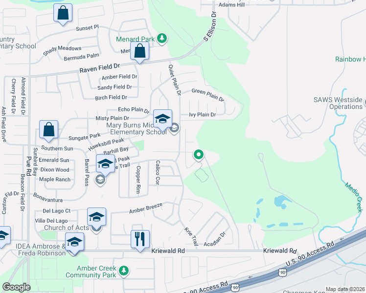 map of restaurants, bars, coffee shops, grocery stores, and more near 3111 Saylers Creek in San Antonio