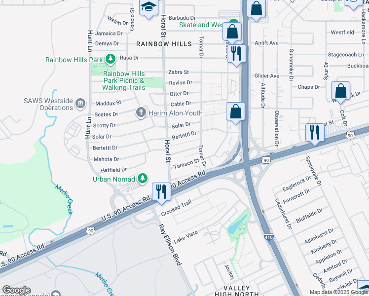 map of restaurants, bars, coffee shops, grocery stores, and more near 327 Mahota Drive in San Antonio