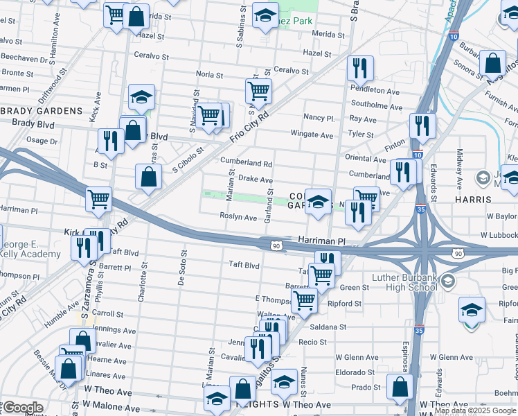 map of restaurants, bars, coffee shops, grocery stores, and more near 412 South Park Boulevard in San Antonio