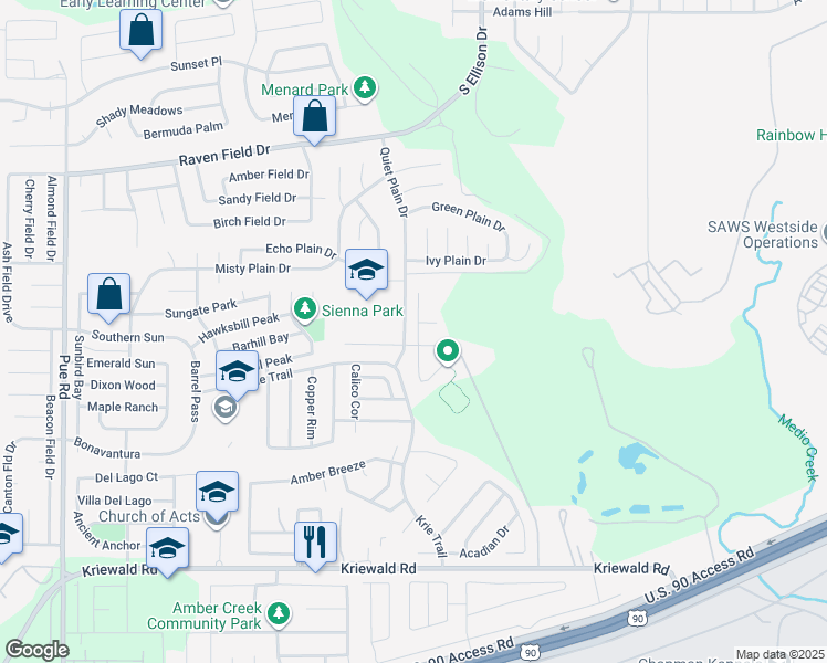 map of restaurants, bars, coffee shops, grocery stores, and more near 3111 Saylers Creek in San Antonio