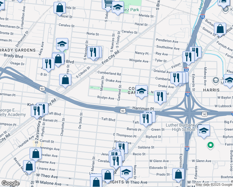 map of restaurants, bars, coffee shops, grocery stores, and more near 412 South Park Boulevard in San Antonio
