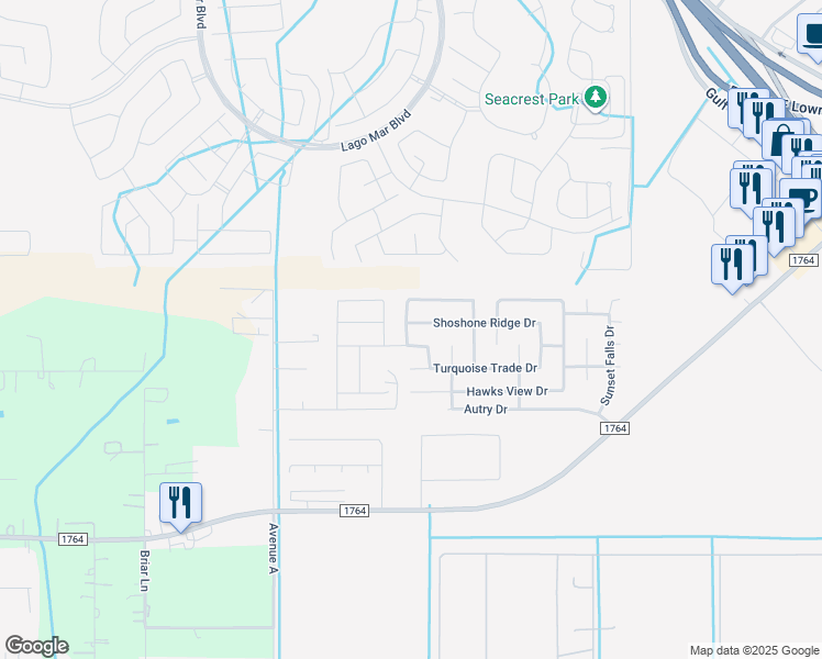 map of restaurants, bars, coffee shops, grocery stores, and more near 339 Shoshone Ridge Drive in La Marque