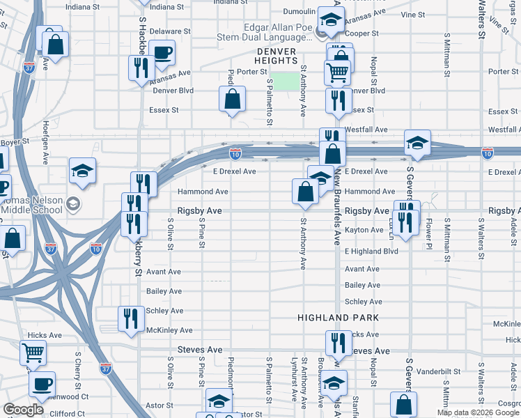 map of restaurants, bars, coffee shops, grocery stores, and more near 443 Rigsby Avenue in San Antonio