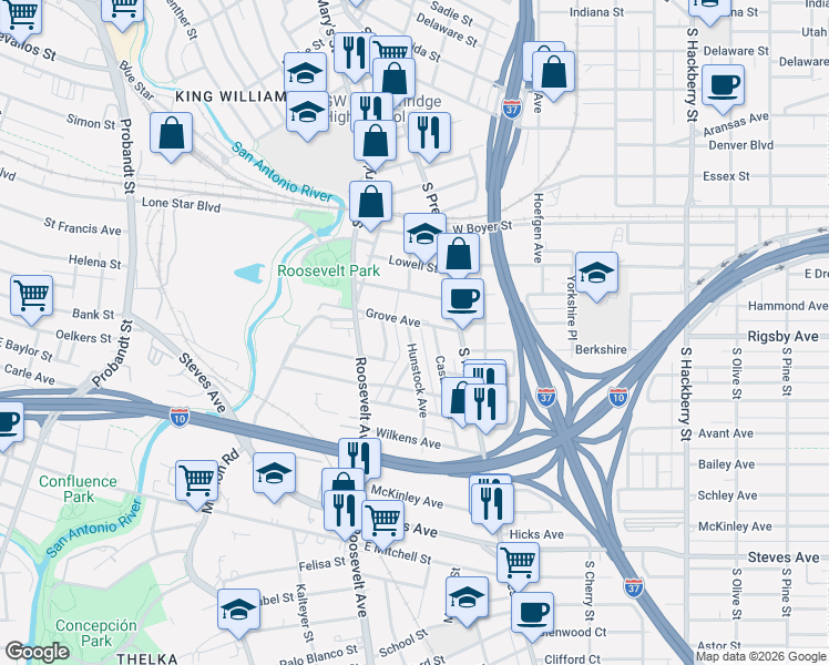 map of restaurants, bars, coffee shops, grocery stores, and more near 508 Hunstock Avenue in San Antonio