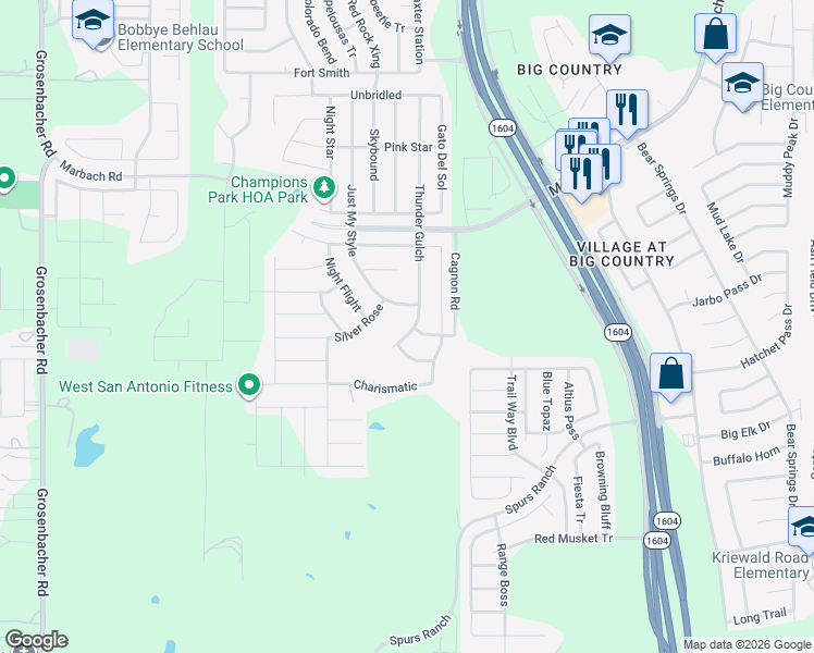 map of restaurants, bars, coffee shops, grocery stores, and more near 3103 Thunder Gulch in San Antonio