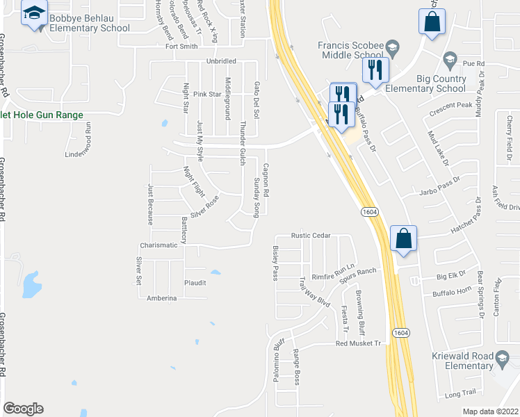 map of restaurants, bars, coffee shops, grocery stores, and more near 3034 Sunday Song in San Antonio