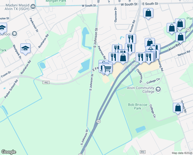 map of restaurants, bars, coffee shops, grocery stores, and more near 2701 South Johnson Street in Alvin