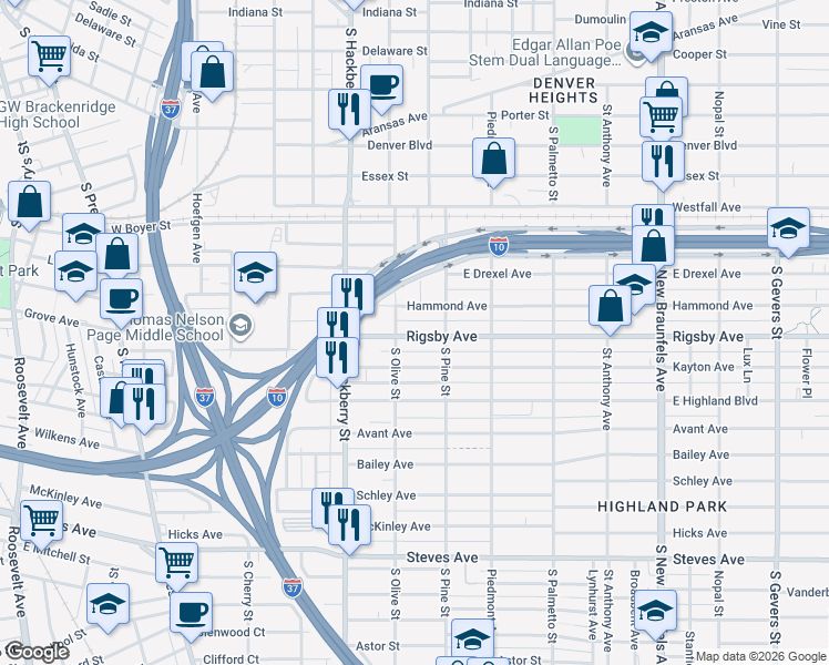 map of restaurants, bars, coffee shops, grocery stores, and more near 223 Rigsby Avenue in San Antonio