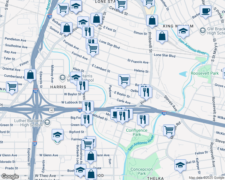 map of restaurants, bars, coffee shops, grocery stores, and more near 207 East Baylor in San Antonio