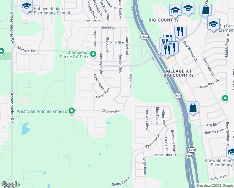 map of restaurants, bars, coffee shops, grocery stores, and more near 3103 Thunder Gulch in San Antonio
