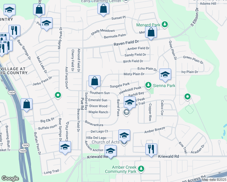 map of restaurants, bars, coffee shops, grocery stores, and more near 10023 Southern Sun in San Antonio