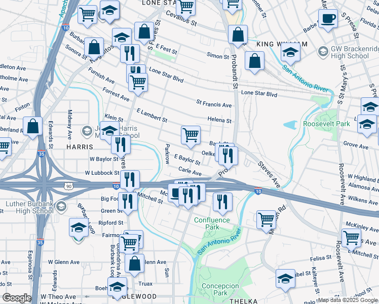 map of restaurants, bars, coffee shops, grocery stores, and more near 162 Oelkers in San Antonio