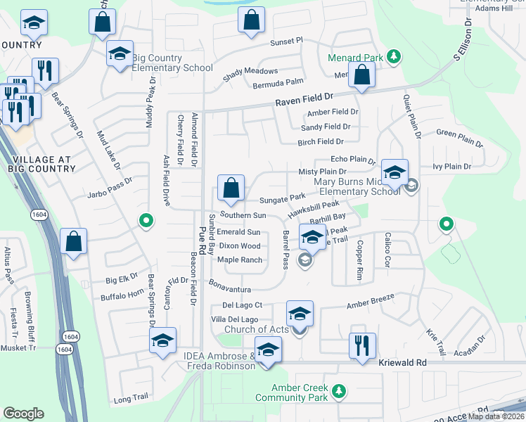 map of restaurants, bars, coffee shops, grocery stores, and more near 10023 Southern Sun in San Antonio