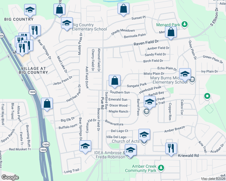 map of restaurants, bars, coffee shops, grocery stores, and more near 10127 Southern Sun in San Antonio