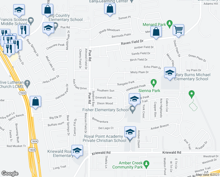 map of restaurants, bars, coffee shops, grocery stores, and more near 10063 Southern Sun in San Antonio