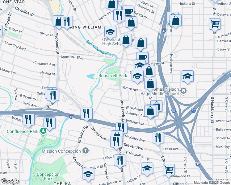 map of restaurants, bars, coffee shops, grocery stores, and more near 543 Roosevelt Avenue in San Antonio