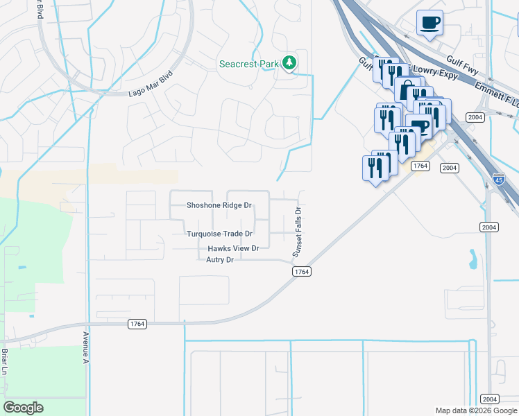 map of restaurants, bars, coffee shops, grocery stores, and more near 128 Mustang Stampede Drive in La Marque