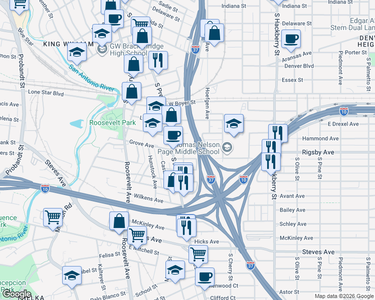 map of restaurants, bars, coffee shops, grocery stores, and more near 204 Roseborough St in San Antonio