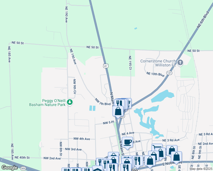 map of restaurants, bars, coffee shops, grocery stores, and more near 81 Northwest Williston Arms Drive in Williston