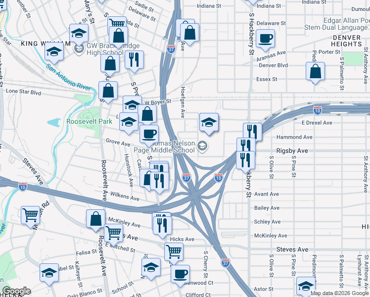 map of restaurants, bars, coffee shops, grocery stores, and more near 314 Roseborough Street in San Antonio
