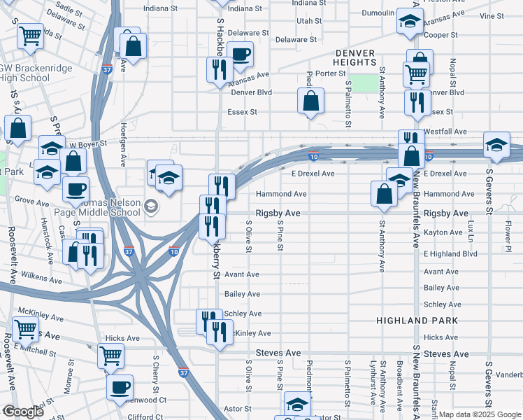 map of restaurants, bars, coffee shops, grocery stores, and more near 223 Rigsby Avenue in San Antonio