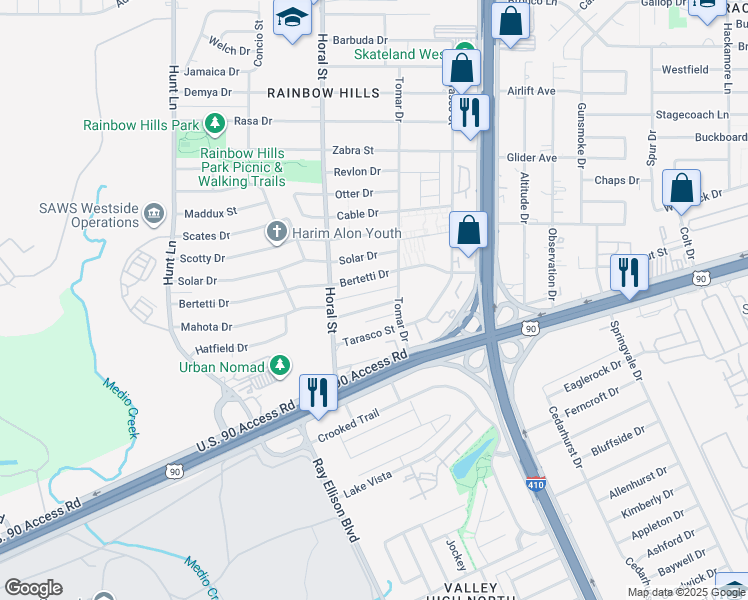 map of restaurants, bars, coffee shops, grocery stores, and more near 327 Mahota Drive in San Antonio