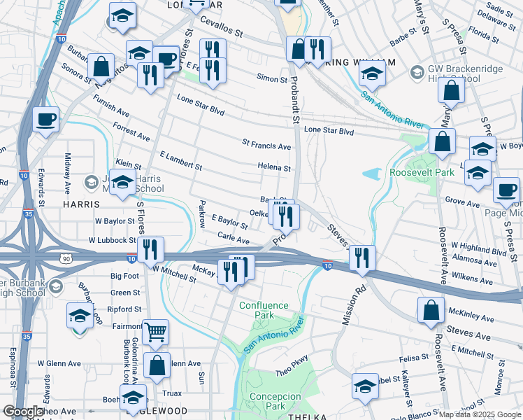 map of restaurants, bars, coffee shops, grocery stores, and more near 227 Oelkers in San Antonio