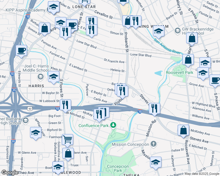 map of restaurants, bars, coffee shops, grocery stores, and more near 227 Oelkers Street in San Antonio