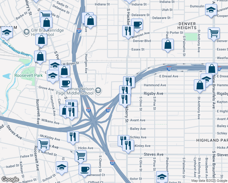 map of restaurants, bars, coffee shops, grocery stores, and more near 518 Roseborough Street in San Antonio