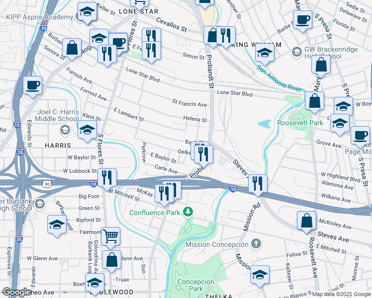 map of restaurants, bars, coffee shops, grocery stores, and more near 227 Oelkers in San Antonio