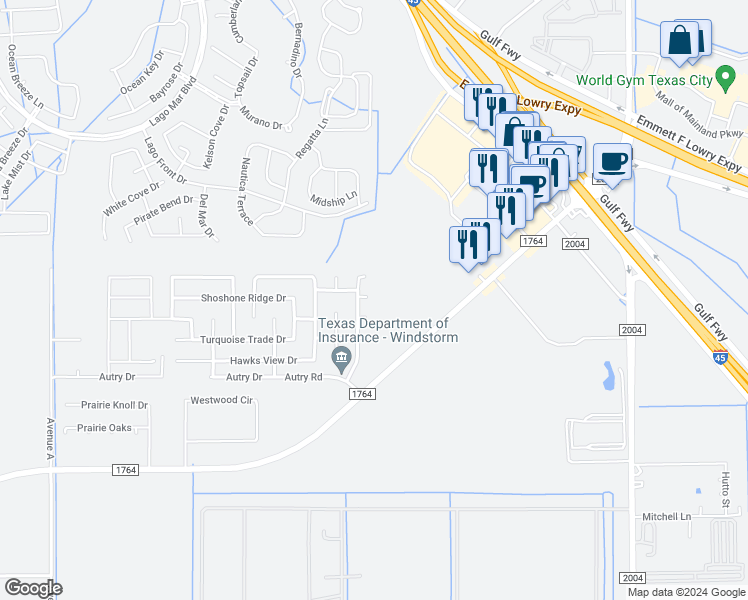 map of restaurants, bars, coffee shops, grocery stores, and more near 106 White Mountain Court in La Marque